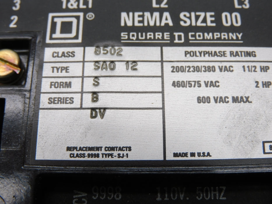 SQUARE D 8502SA012S SER. B 120-60/110-50 NSMP