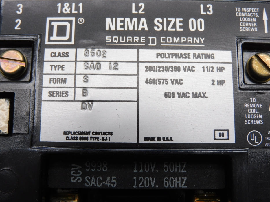 SQUARE D 8502SA012S SER. B 110/120V UNMP