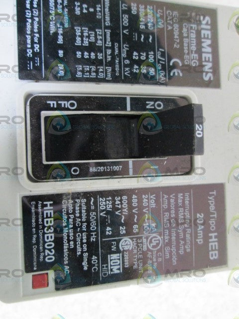 SIEMENS CIRCUIT BREAKER 20A HEB3B020 *NEW NO BOX*