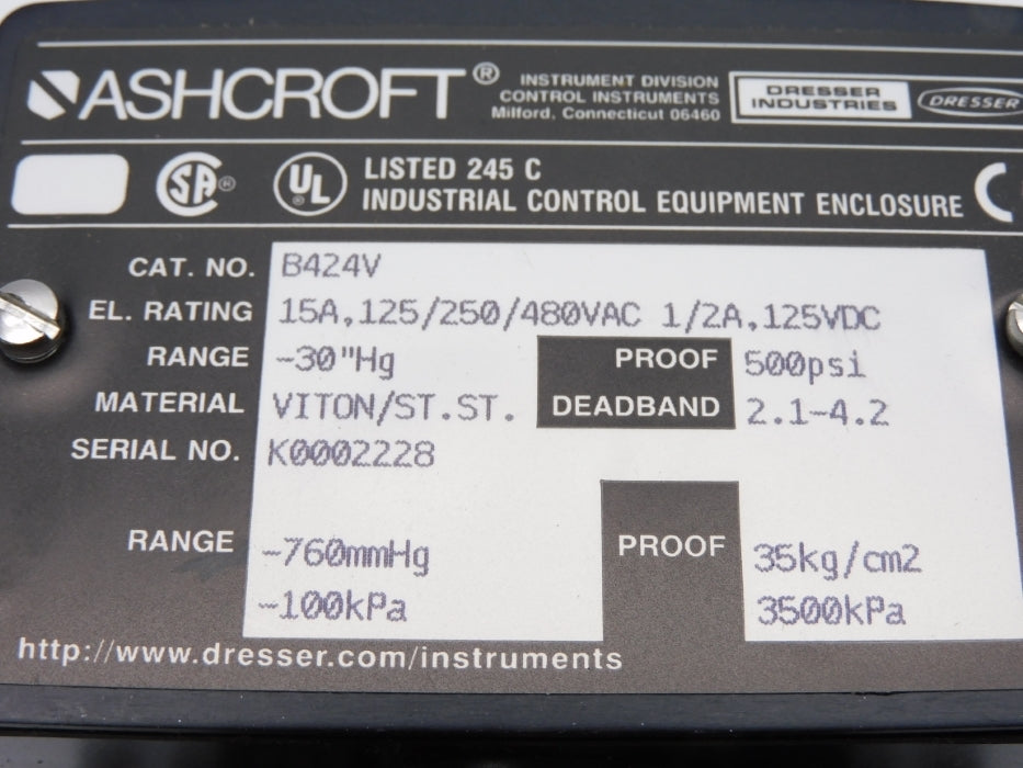 ASHCROFT B424V -30"HG 500PSI NSMP