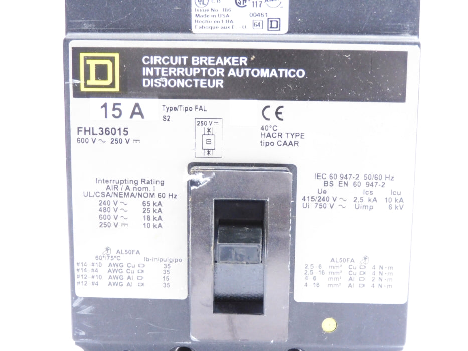SQUARE D FHL36015 15A 600/250V (GREY) UNMP