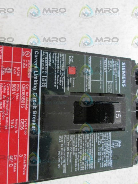 SIEMENS CIRCUIT BREAKER 15A CED63B015 *NEW NO BOX*