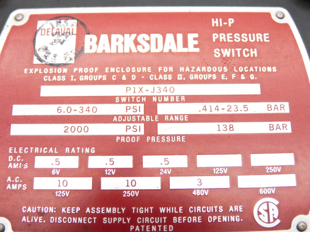 BARKSDALE P1X-J340 6.0-340PSI UNMP