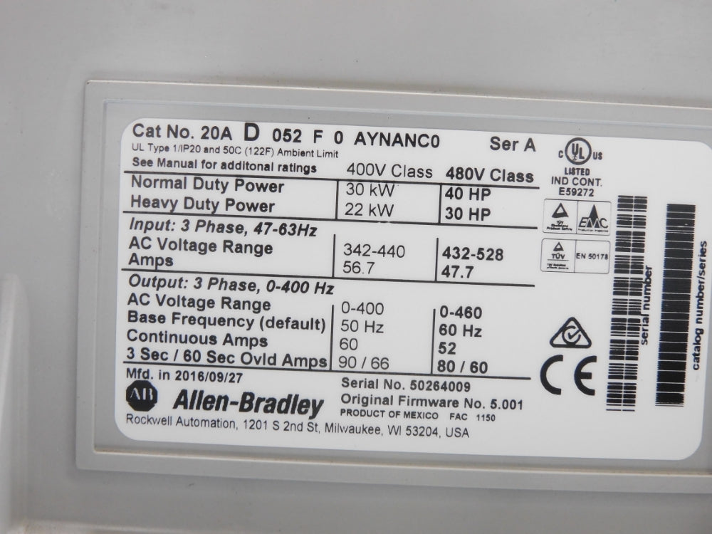 ALLEN BRADLEY 20AD052F0AYNANC0 SER. A F/W 5.001 NSNP