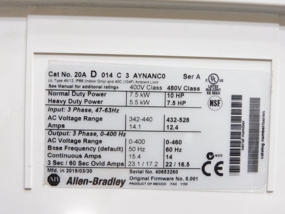 ALLEN BRADLEY 20AD014C3AYNANC0 SER. A F/W 5.001 NSMP