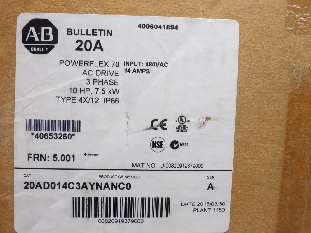 ALLEN BRADLEY 20AD014C3AYNANC0 SER. A F/W 5.001 NSMP