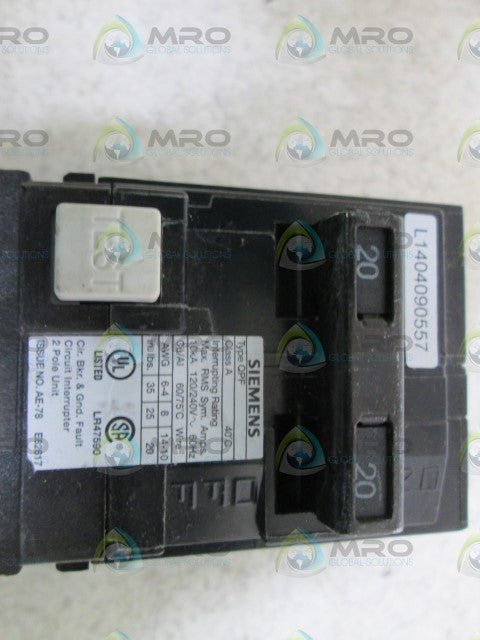 SIEMENS CIRCUIT BREAKER 20-20A QPF (AS PICTURED) *NEW NO BOX*