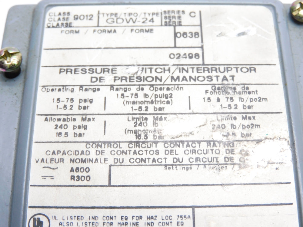 SQUARE D 9012GDW24 SER. C 15-75PSI UNMP