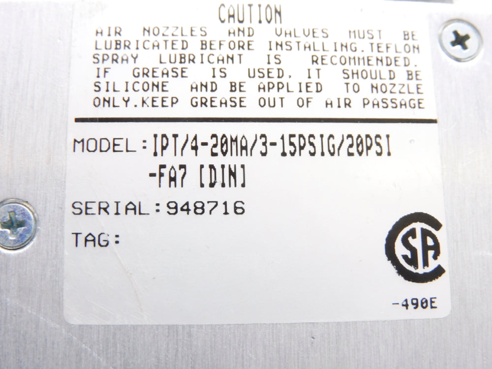 MOORE INDUSTRIES IPT/4-20MA/3-15PSIG/20PSI-FA7[DIN] 3-15PSIG UNMP