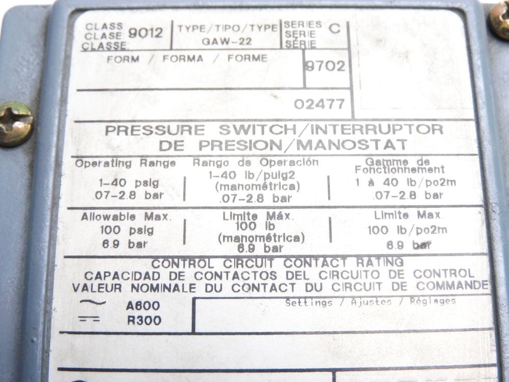SQUARE D 9012GAW22 SER. C 1-40PSI UNMP