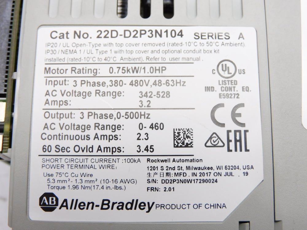 ALLEN BRADLEY 22D-D2P3N104 SER. A F/W 2.01 (AS PICTURED) NSNP