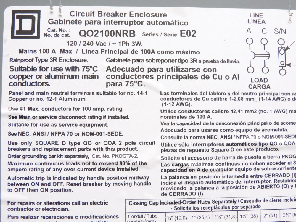 SQUARE D QO2100NRBCP SER. E02 (AS PICTURED) NSMP