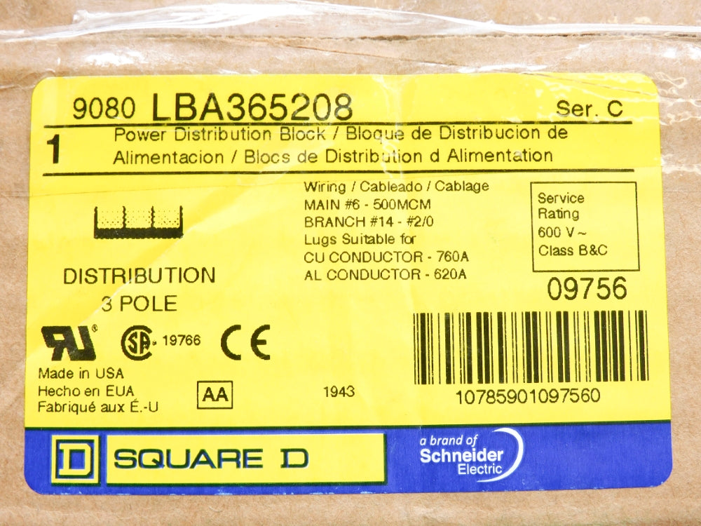 SQUARE D 9080LBA365208 SER. C 600V NSMP
