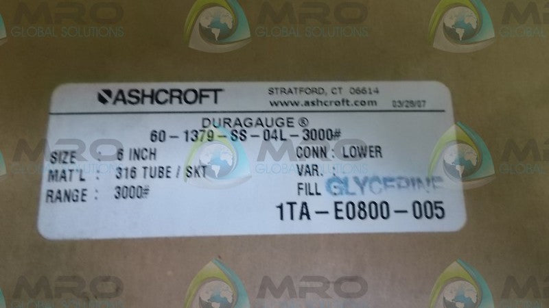 ASHCROFT 601379SS04L-3000# DURAGUAGE 0-3000 PSI  NSMP