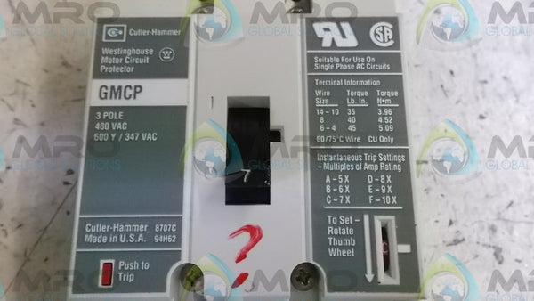 CUTLER HAMMER GMCP007C0C CIRCUIT BREAKER  UNMP