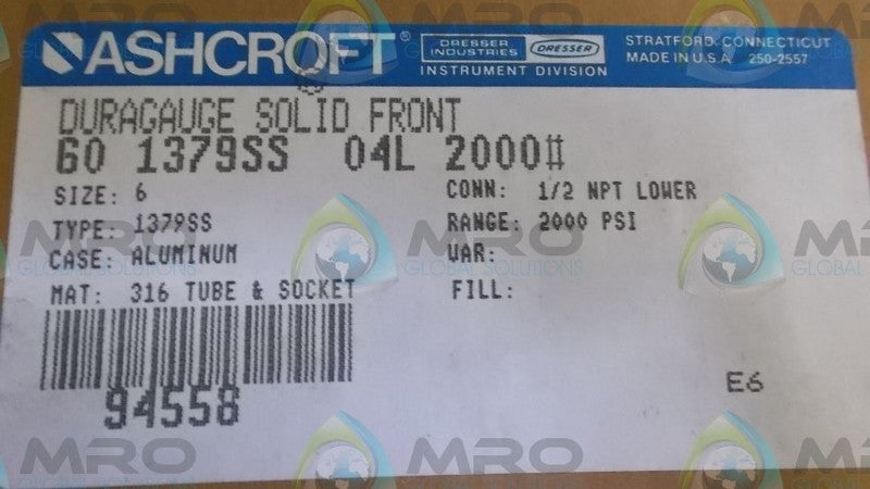 ASHCROFT 601379SS04L-2000# DURAGAUGE 0-2000 PSI  NSMP
