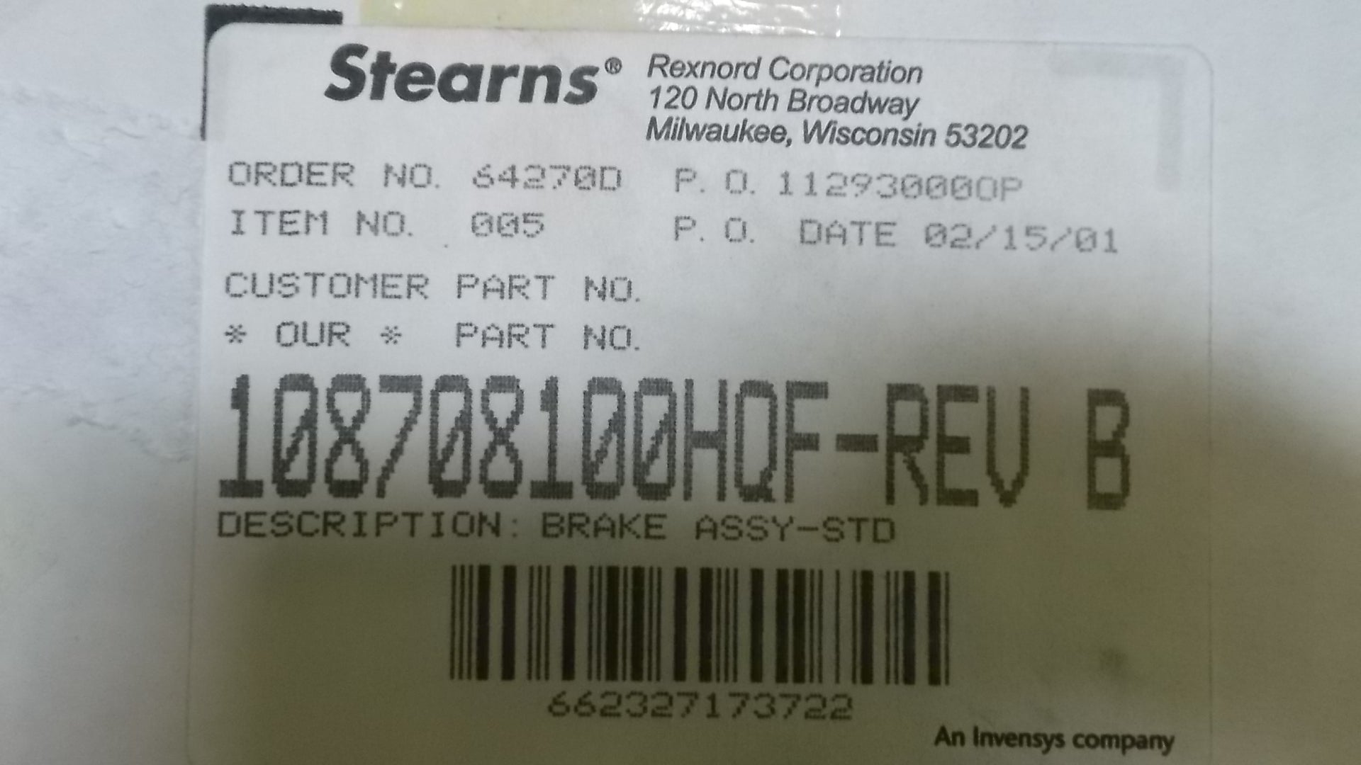 STEARNS 108708100HQF BRAKE KIT * NEW IN BOX *
