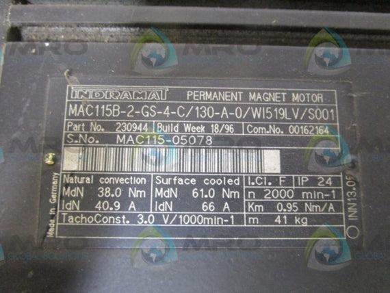 INDRAMAT MAC115B-2-GS-4-C/130-A-0/WI519LV/S001 SERVO MOTOR * USED *