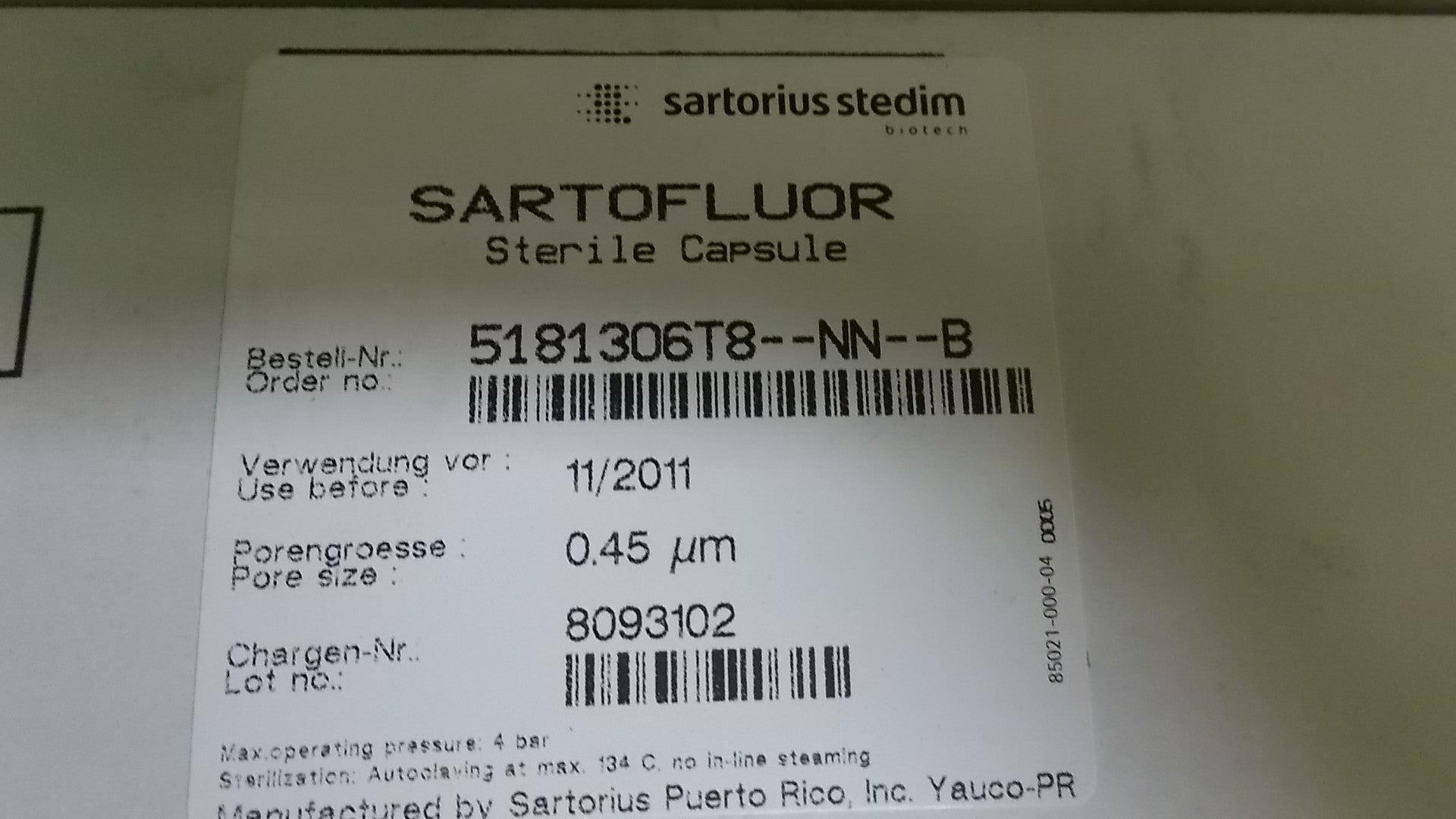 LOT OF 5 SARTOFLUOR 5181306T8-NN-B FILTER *NEW IN BOX*