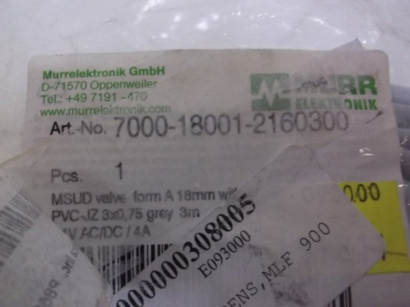 MURR ELEKTRONIK 7000-18001-2160300 MSUD VALVE FORM A 18MM W/CABLE * NEW IN BAG *