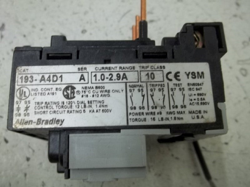 LOT OF 2 ALLEN BRADLEY 193-A4D1 SER.A OVERLOAD RELAY 1-2.9 *USED*