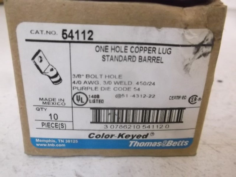 LOT OF 10 THOMAS & BETTS 54112 ONE HOLE COPPER LUG STANDARD *NEW IN BOX*