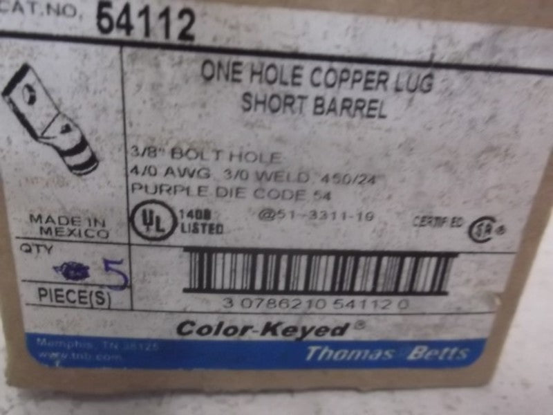 LOT OF 5 THOMAS & BETTS 54112 ONE HOLE COPPER LUG *NEW IN BOX*