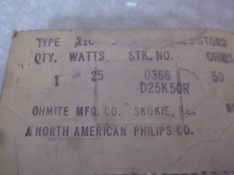 LOT OF 4 OHMITE D25K50R RESISTOR 25W 50 OHMS *ORIGINAL PACKAGE*