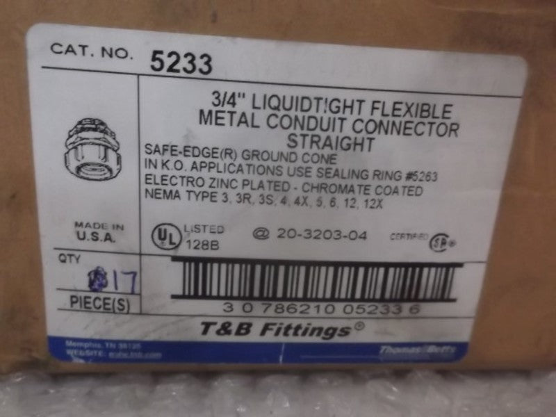 LOT OF 17 T & B 5233 LIQUIDTIGHT CONNECTOR STEEL 3/4" *NEW IN BOX*