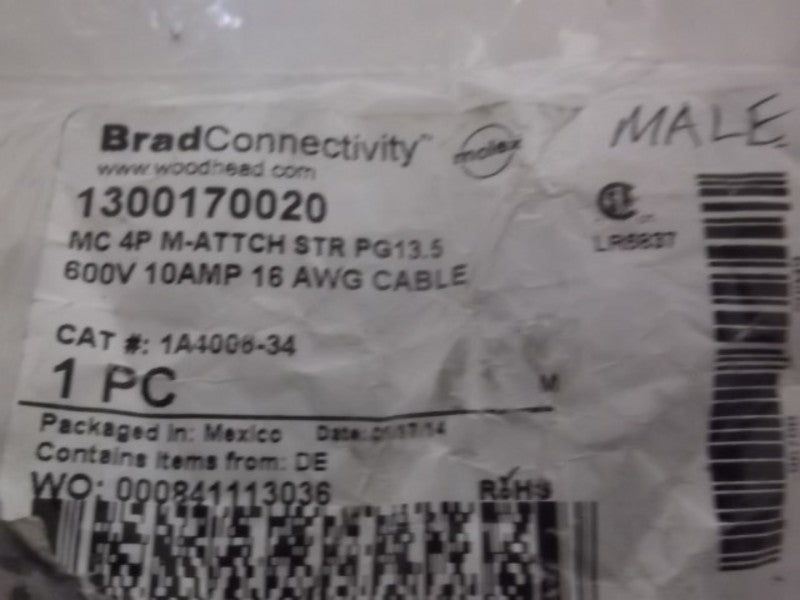 BRAD CONNECTIVITY 1A4006-34 CONNECTOR MINI-MALE 10A 600V AC/DC * FACTORY BAG *