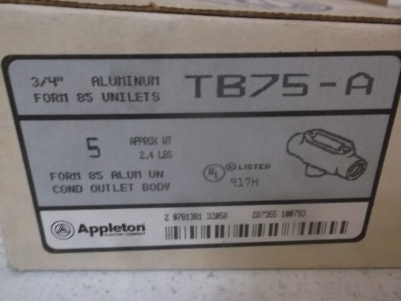 LOT OF 5 APPLETON TB75-A 3/4" FORM 8S ALUMINUM CONDUIT BODY *NEW IN BOX*