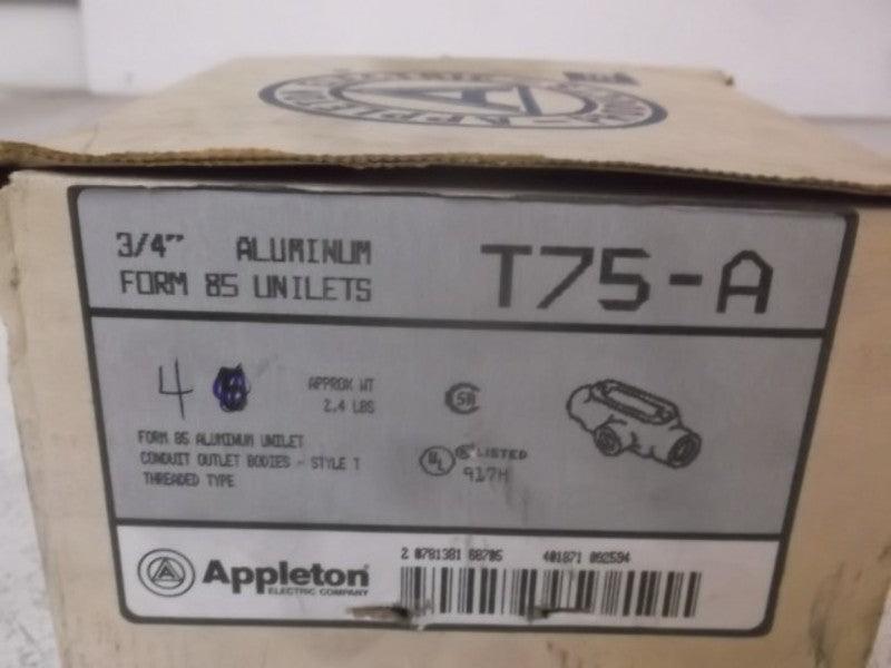 LOT OF 4 APPLETON T75-A CONDUIT BODY T CONNECTION 3/4" ALUMINUM *NEW IN BOX*