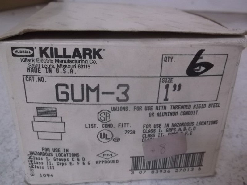 LOT OF 6 KILLARK GUM-3 AL UNION 1" MALE/FEMALE *NEW IN BOX*