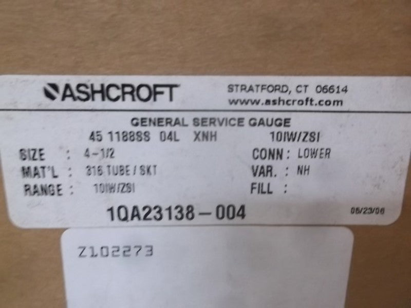 ASHCROFT 451188SS04LXNH-10IW/ZSI PRESSURE GAUGE * FACTORY SEALED *