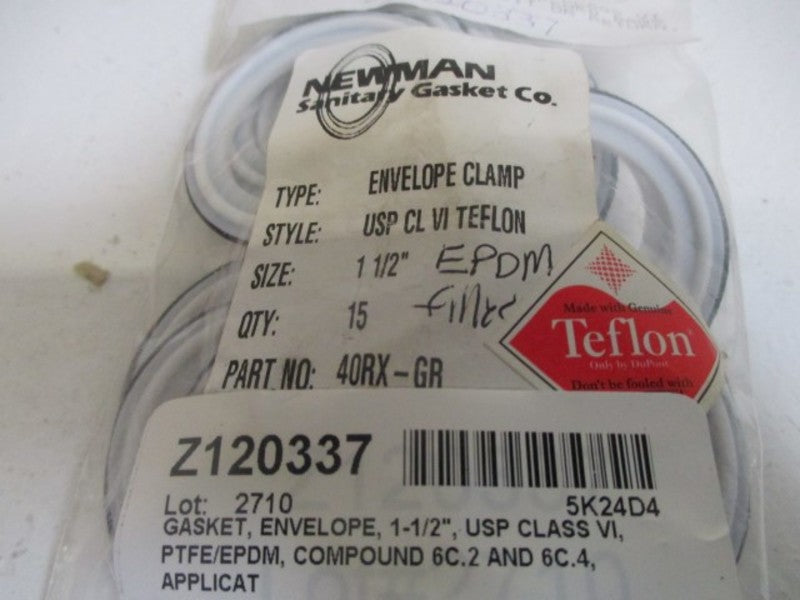 LOT OF 15 NEWMAN 40RX-GR 1-1/2" ENVELOPE CLAMP USP CL VI TEFLON *NEW IN A BAG*