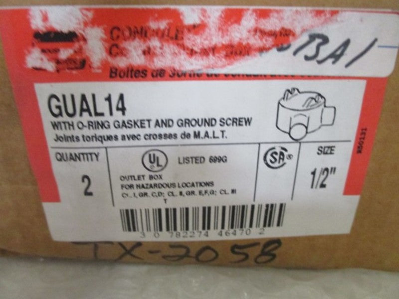 LOT OF 2 CROUSE-HINDS GUAL14 CONDUIT OUTLET BOX 2 HUB 1/2" *NEW IN BOX*