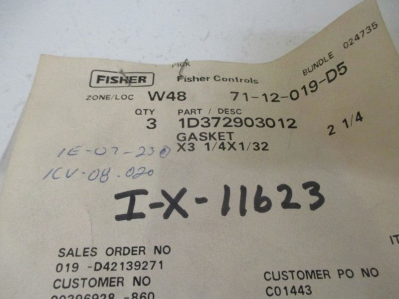 LOT OF 3 FISHER ID372903012 GASKET *NEW IN A BAG*