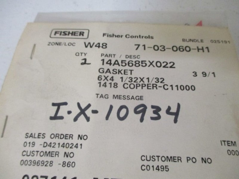 LOT OF 2 FISHER 14A5685X022 GASKET *NEW IN A BAG*