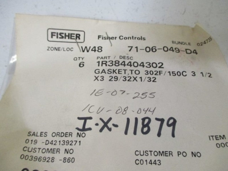 LOT OF 6 FISHER 1R384404302 GASKET *NEW IN A BAG*