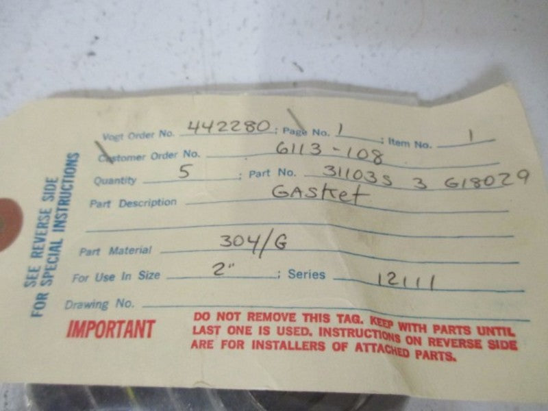 LOT OF 5 FISHER 31103S 3 G18029 GASKET *NEW NO BOX*