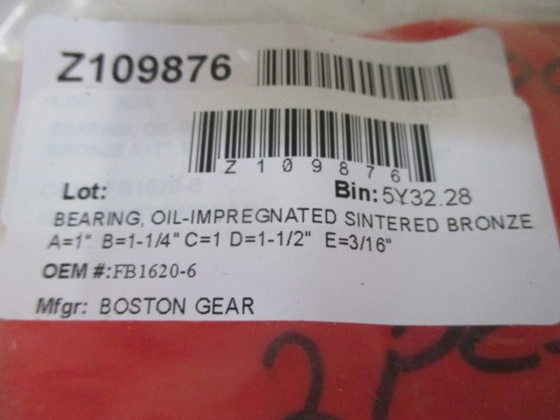 LOT OF 2 BOSTON GEAR FB1620-6 BRONZE OIL IMPREGNATED BEARING *NEW NO BOX*