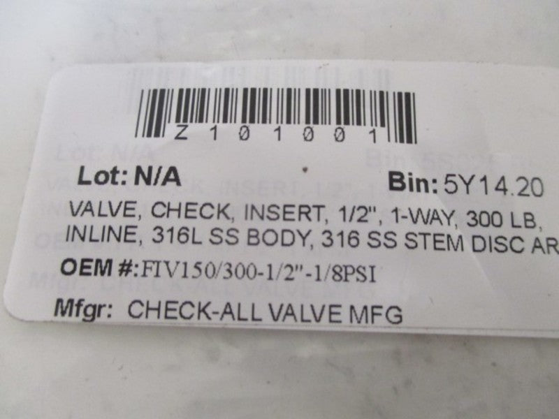 LOT OF 2 CHECK-ALL FIV-15/30-SS VALVE CHECK INSERT 1/2" *NEW NO BOX*