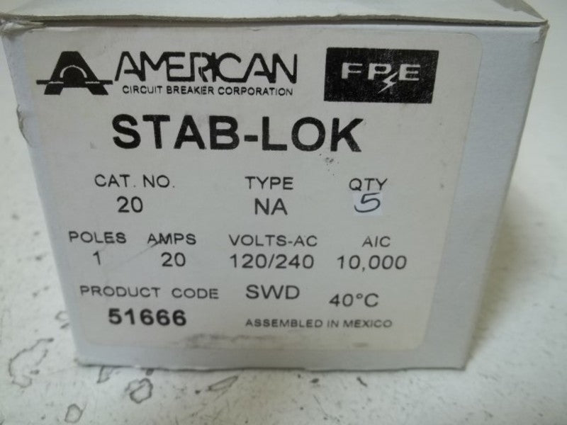 LOT OF 5 STA-LOK NA-20 CIRCUIT BREAKER *NEW IN BOX*