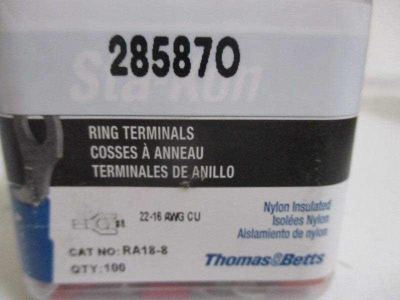 LOT OF 100 RA18-8 INS NYLONRING TERMINALS 22-16 *NEW IN FACTORY BAG*