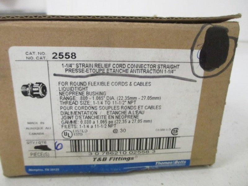 LOT OF 6 THOMAS & BETTS 2558 1-1/4" STRAIN RELIEF CORD CONNECTOR *NEW IN BOX*