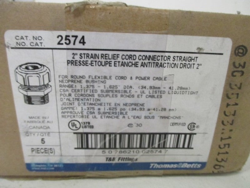 LOT OF 5 THOMAS&BETTS 2574 2" STRAIN RELIEF CONNECTOR STRAIGHT *FACTORY SEALED*