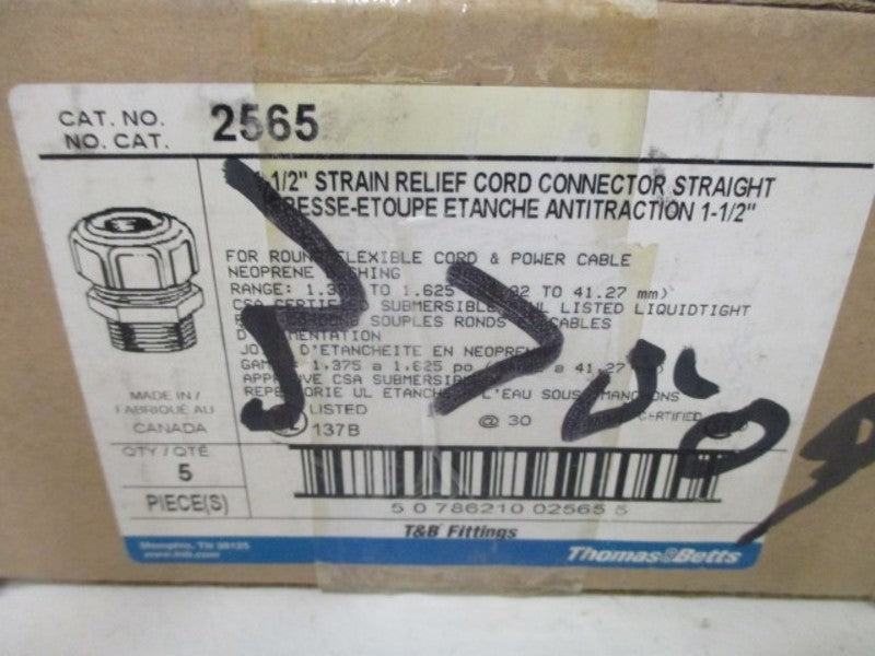 LOT OF 5 THOMAS&BETTS 2565 1-1/2" STRAIN RELIEF CORD CONNECTOR *FACTORY SEALED*