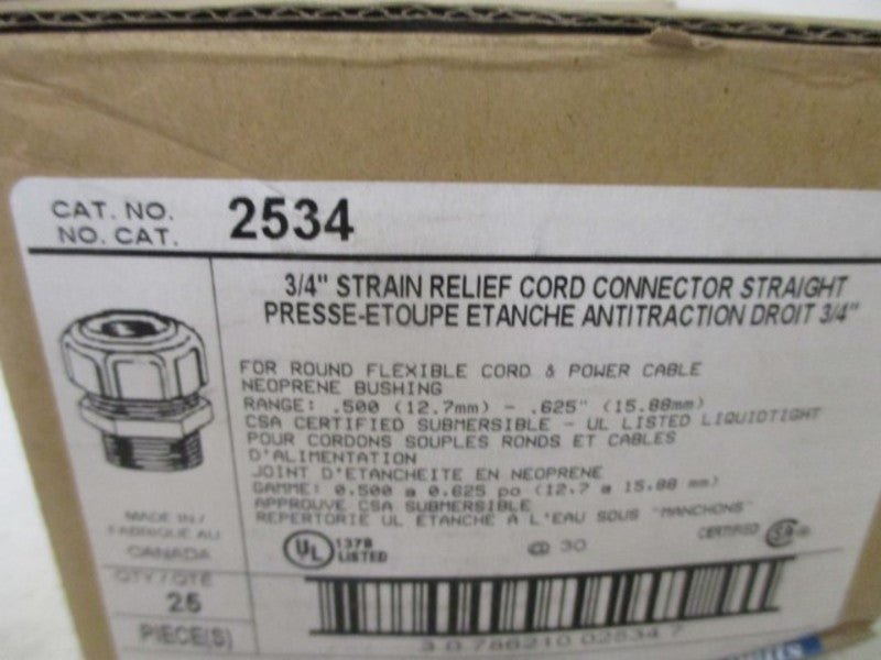 LOT OF 25 THOMAS & BETTS 2534 3/4" STRAIN RELIEF CONNECTOR *NEW IN BOX*