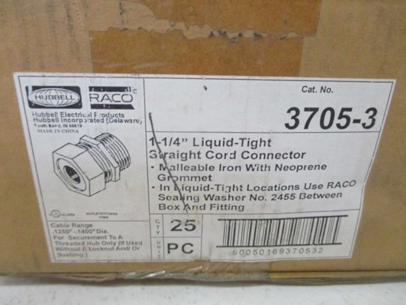 LOT OF 25 HUBBELL 3705-3 1-1/4" STRAIGHT CORD CONNECTOR *NEW IN BOX*