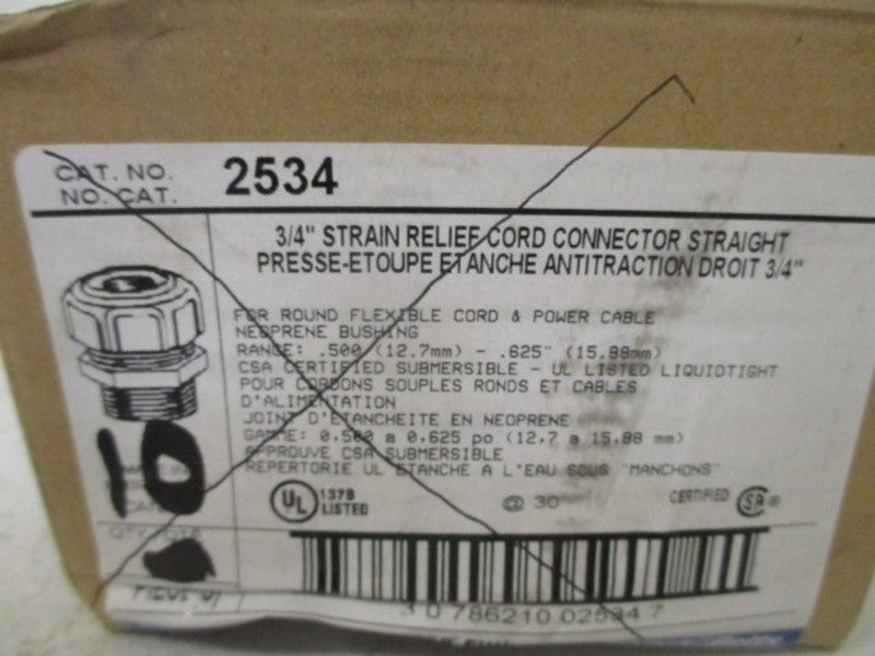 LOT OF 10 THOMAS & BETTS 2534 3/4" STRAIN RELIEF CORD CONNECTOR *NEW IN BOX*
